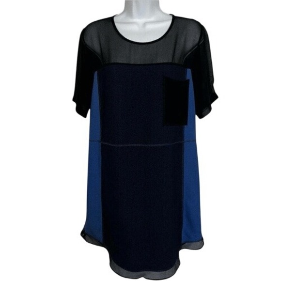 ANTHROPOLOGIE GREYLIN Blue and Black Mesh Panel Shift Dress EUC Size Small - Picture 1 of 8